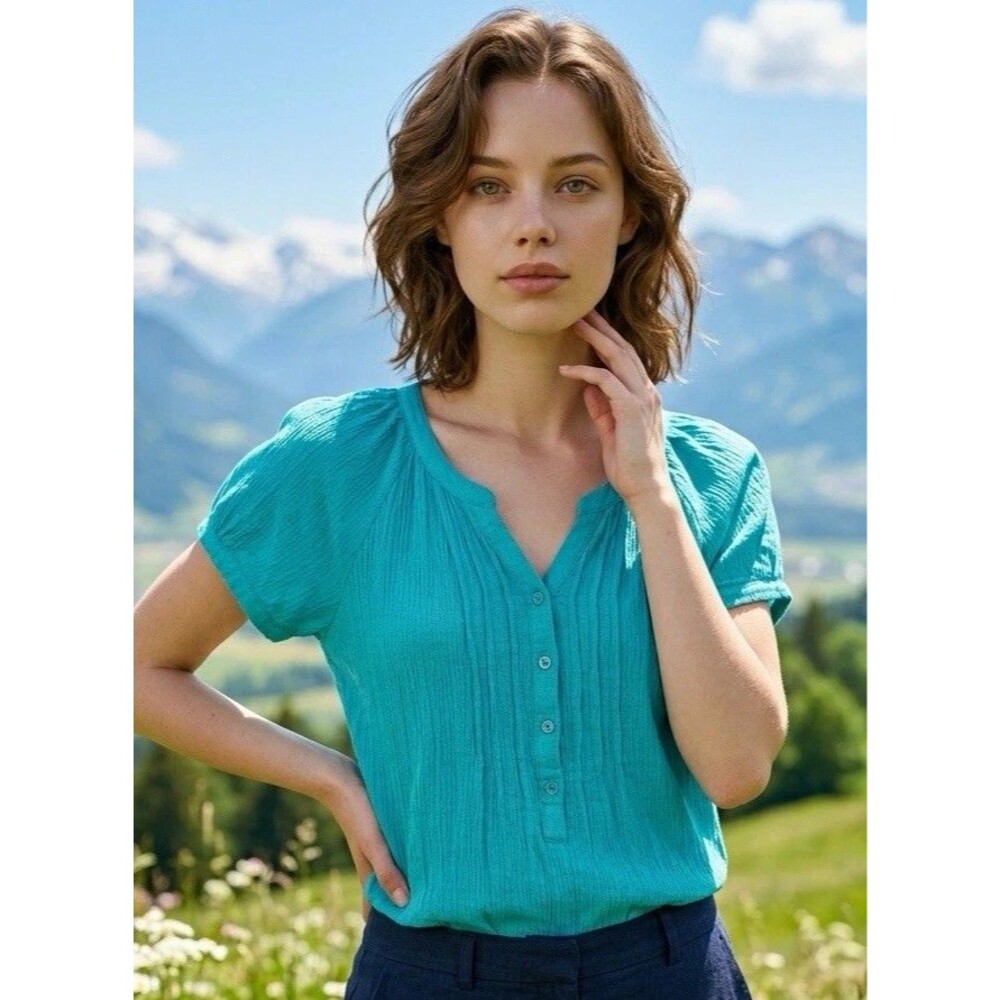 Laura Scott Blue Solid Rayon V-Neck Cap Sleeve Button Front Blouse XL